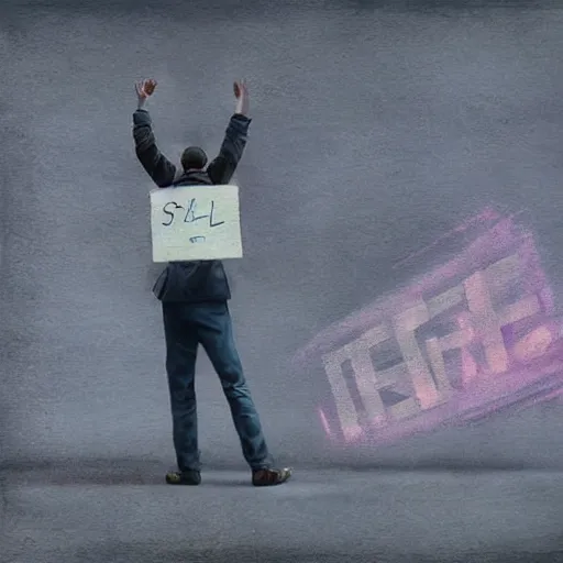 Image similar to a man holding up a sign that says stable diffusion, dreamlike, pastel art by greg rutkowski