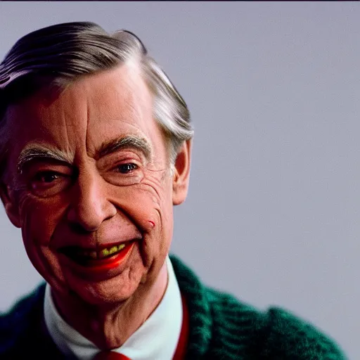 Image similar to stunning awe inspiring mr. rogers as the joker, movie still 8 k hdr atmospheric lighting