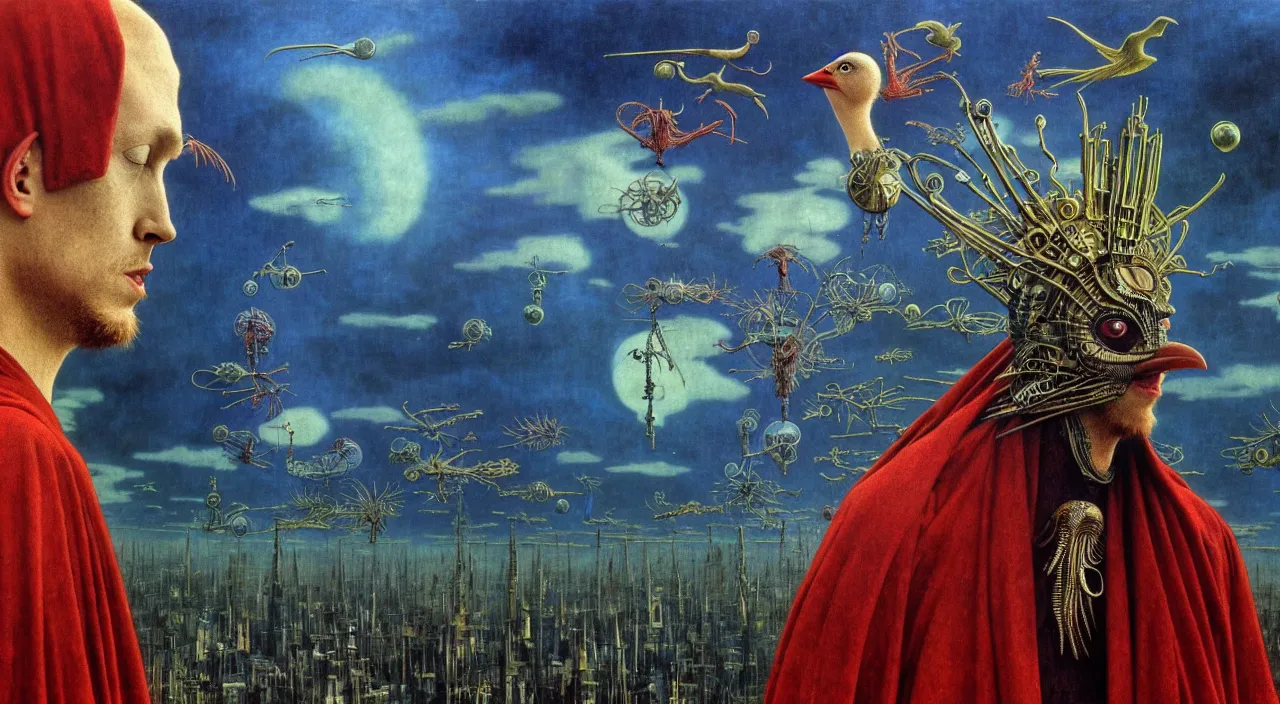 Image similar to realistic detailed portrait movie shot of a birdman wearing dark robes, sci fi city landscape background by denis villeneuve, amano, yves tanguy, alphonse mucha, ernst haeckel, max ernst, roger dean, masterpiece, rich moody colours, blue eyes, occult