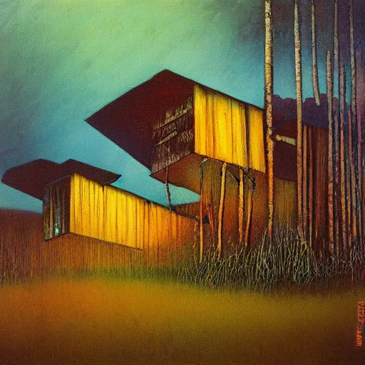 Image similar to Painting in a style of Beksinski of a colorful and detailed wooden house in the forest near the lake