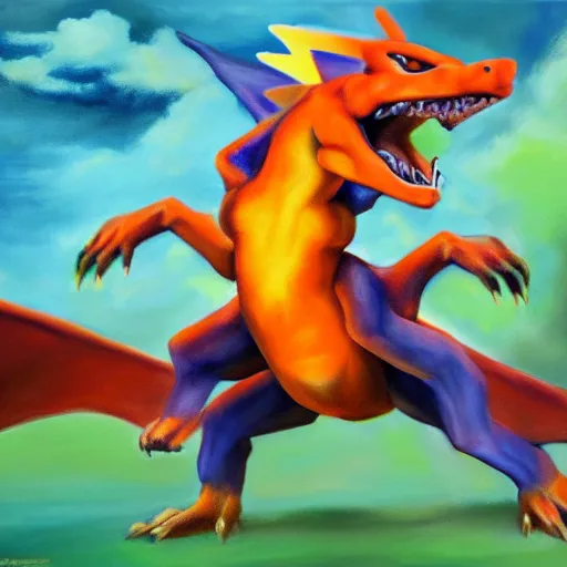 Prompt: an oil painting of the pokemon charizard, 4k