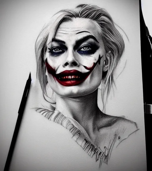 Image similar to tattoo design sketch of beautiful margot robbie portrait with joker makeup, in the style of den yakovlev, realistic face, black and white, faded outline, realism tattoo, hyper realistic, highly detailed