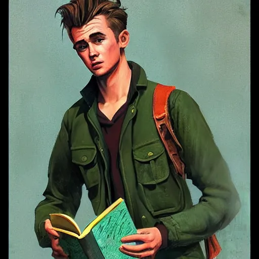 Image similar to a highly detailed epic cinematic concept art CG render digital painting artwork costume design: young James Dean as a well-kept neat anarchist rebel in 1950s green USSR mechanic outfit and big boots, reading a book. By Greg Rutkowski, Ilya Kuvshinov, WLOP, Stanley Artgerm Lau, Ruan Jia and Fenghua Zhong, trending on ArtStation, subtle muted cinematic colors, made in Maya, Blender and Photoshop, octane render, excellent composition, cinematic atmosphere, dynamic dramatic cinematic lighting, aesthetic, very inspirational, arthouse