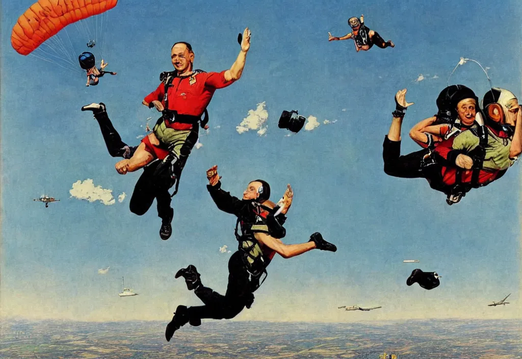 Image similar to benjamin netanyahu skydiving, plane and parachute in background, by norman rockwell, highly detailed