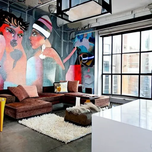 Image similar to trendy loft with modern murals on the wall, modern art and patterns, interior design, lovely architecture