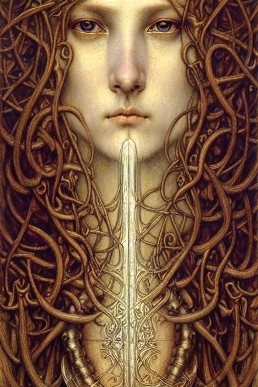 Image similar to detailed realistic beautiful young medieval queen face portrait by jean delville, gustave dore and marco mazzoni, art nouveau, symbolist, visionary, gothic, pre - raphaelite. horizontal symmetry