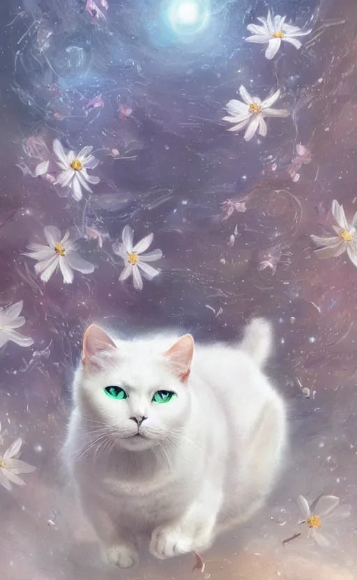 Prompt: a white cat with cosmos in its eyes, dynamic lighting, photorealistic fantasy concept art, trending on art station, stunning visuals, creative, cinematic, ultra detailed