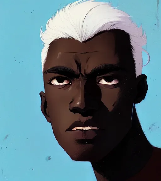 Prompt: portrait of a man, dark skin, white hair by atey ghailan, by greg rutkowski, by greg tocchini, by james gilleard, by joe fenton, by kaethe butcher, dynamic lighting, gradient light blue, brown, blonde cream and white color scheme, grunge aesthetic