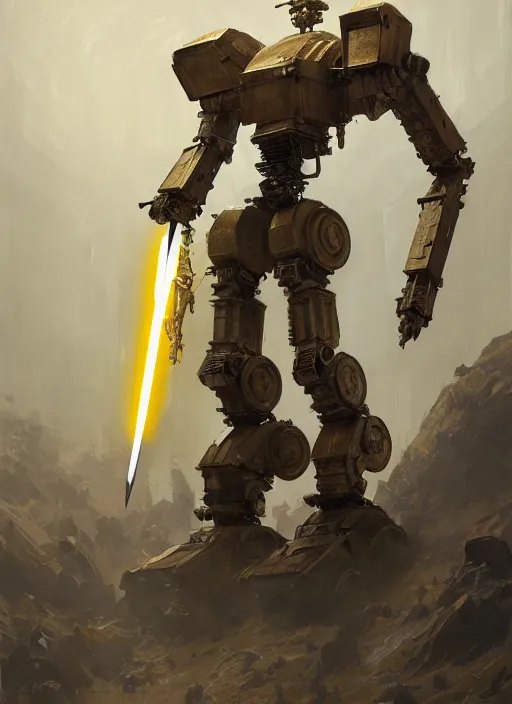 Image similar to human-sized strong intricate yellow pit droid carrying very detailed perfect antique great sword and beautiful large paladin shield, pancake short large head, exposed metal bones, painterly humanoid mecha, slightly far away, by Greg Rutkowski