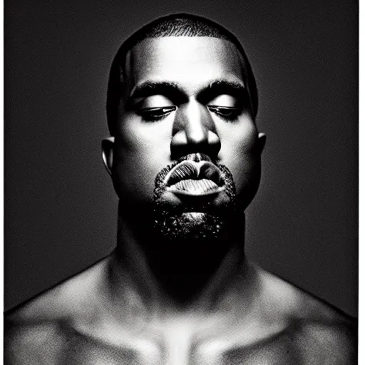 Image similar to a ( ( ( ( ( ( ( ( ( chiaroscuro lighting portrait ) ) ) ) ) ) ) ) ) ) of kanye west ( ( ( ( ( ( dressed as rick owens ) ) ) ) ) ), black background, portrait by julia margaret cameron, shallow depth of field, 8 0 mm, f 1. 8