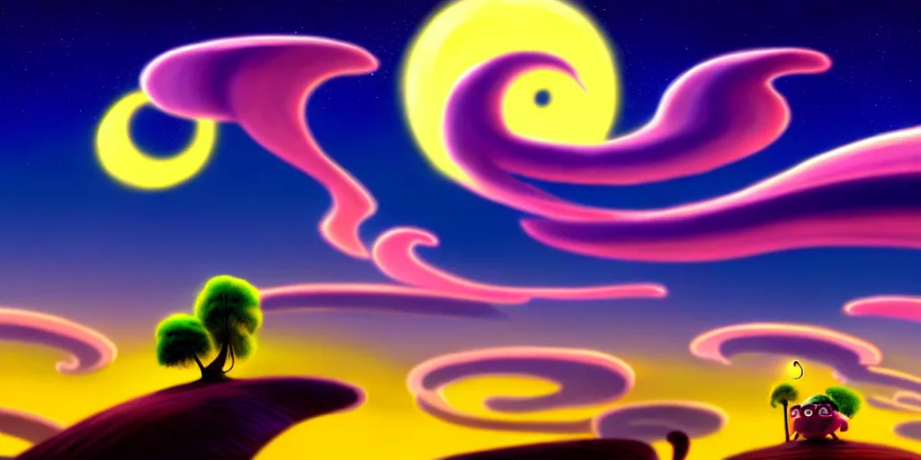 Prompt: cartoon concept art, calm night nightscape, spiral clouds, from lorax movie