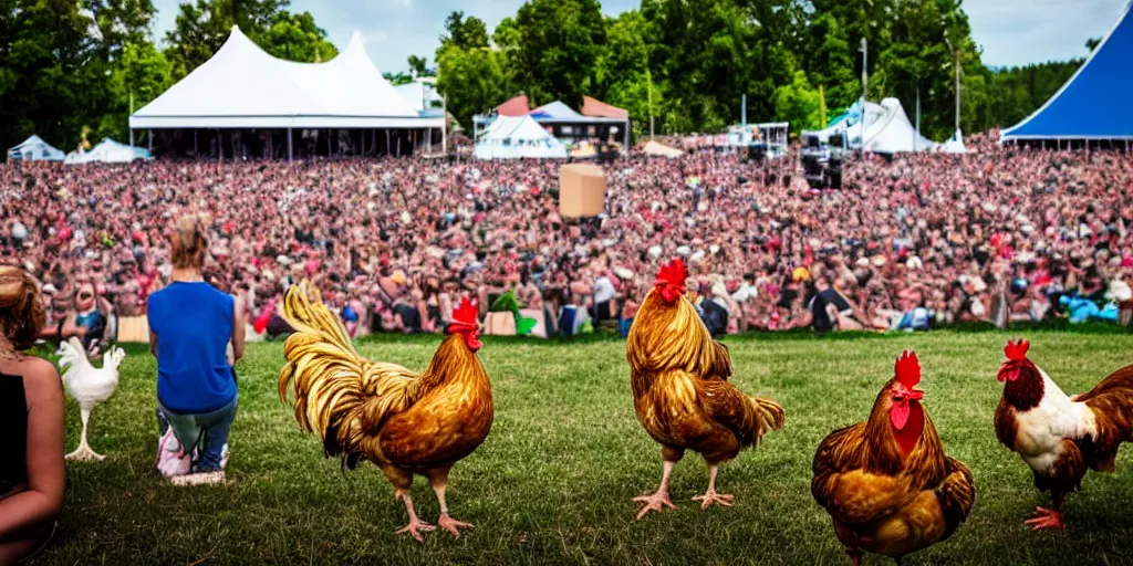 Image similar to music festival with chicken as audience and rooster band on stage. concert photography.