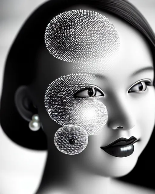 Prompt: black and white dreamy young beautiful female artificial intelligence, realistic pearl ornament in the face, long hair are intricate with highly detailed realistic pearls, cinematic, rim light, bokeh, photo - realistic, elegant, high detail, 8 k, masterpiece, photo taken in 1 9 3 0