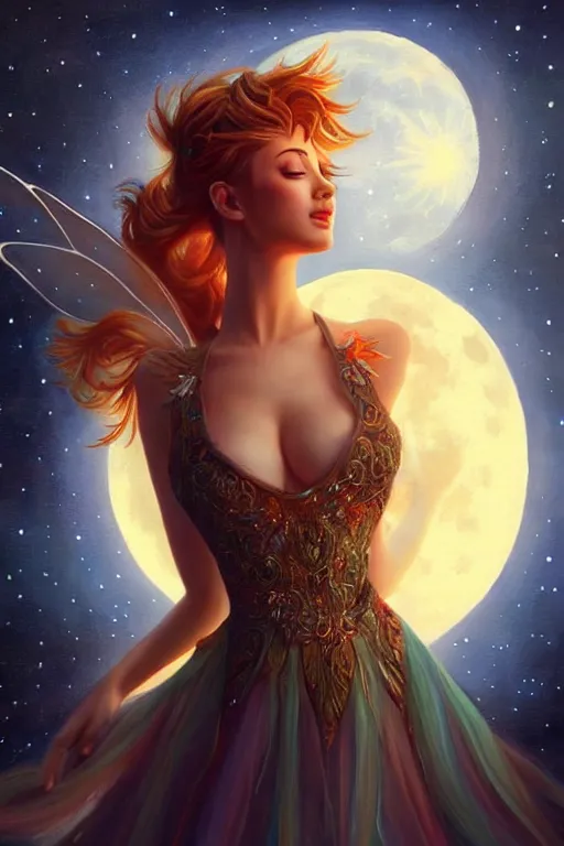 Image similar to attractive fairy magically floating high in the night, fantasy, full moon in background. highly detailed painting by artgerm, mid shot, 8 k