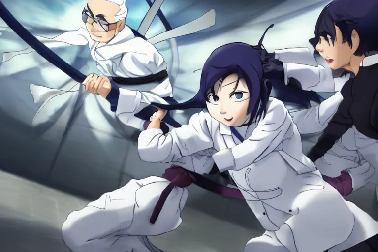 Prompt: a cute young female ninja wearing white coat is attacking an old surgeon in a hospital, lighting, anime scenery by Makoto shinkai