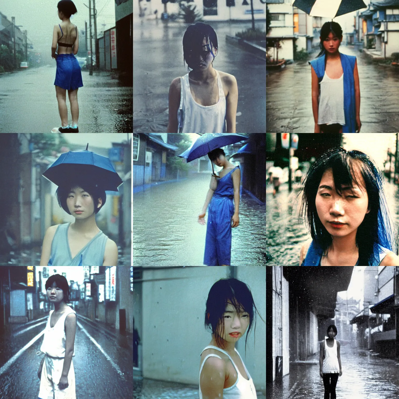 Prompt: A middle-shot from front, blue color photograph portrait of a young Japanese woman in wet sleeveless white shirt is standing in the heavy rain street, cool twilight, 1990 photo from Japanese photograph Magazine.