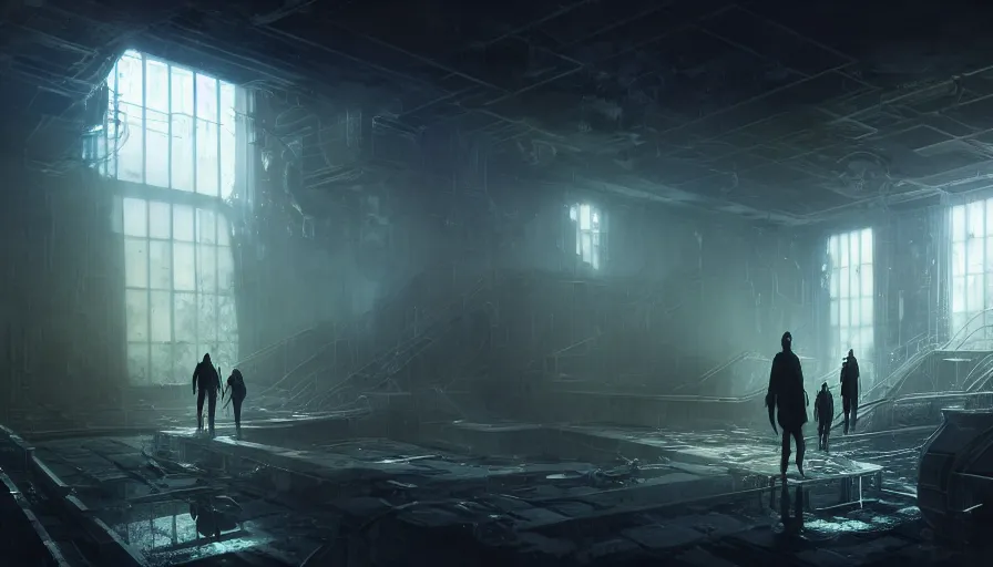 Image similar to high tech nomands exploring abandoned laboratory from the future, scifi, dark scifi, space horror, light, shadows, reflections, steam, epic composition, intricate, elegant, volumetric lighting, digital painting, highly detailed, artstation, sharp focus, illustration, concept art, ruan jia, steve mccurry