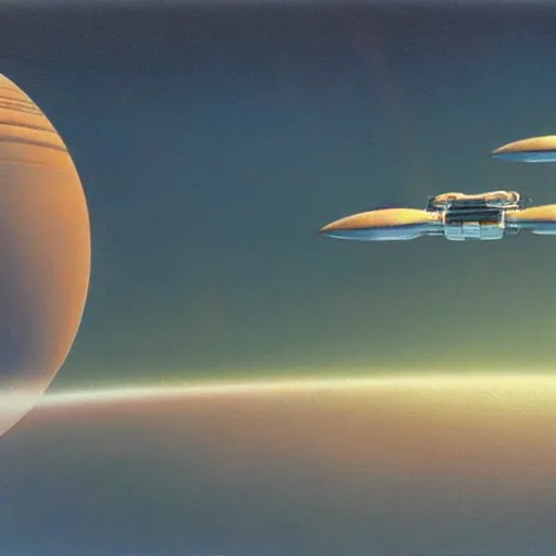 Image similar to spaceship flying over epic sci - fi landscape, painting by ralph mcquarrie