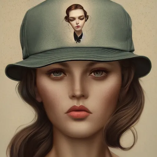 Prompt: tom bagshaw portrait, beautiful portrait of a woman with angel eyes in a suit, hair under a baseball cap, professionally retouched, focus eyes, ultra realistic soft painting, insanely detailed linework, symmetrical accurate intricate features, behance, 8 k