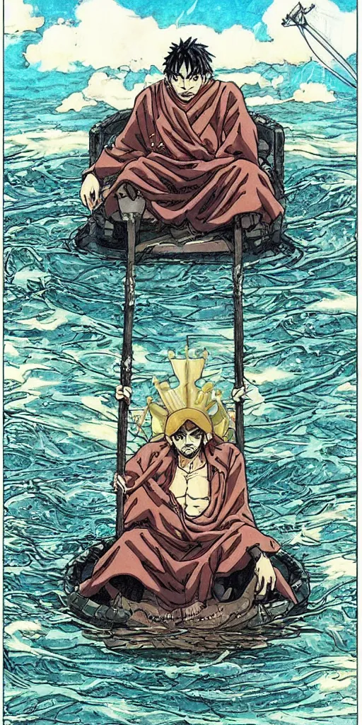 Prompt: a king sitting on a throne floating on water in the middle of a lake drawn by Makoto Yukimura in the style of Vinland saga anime, full color