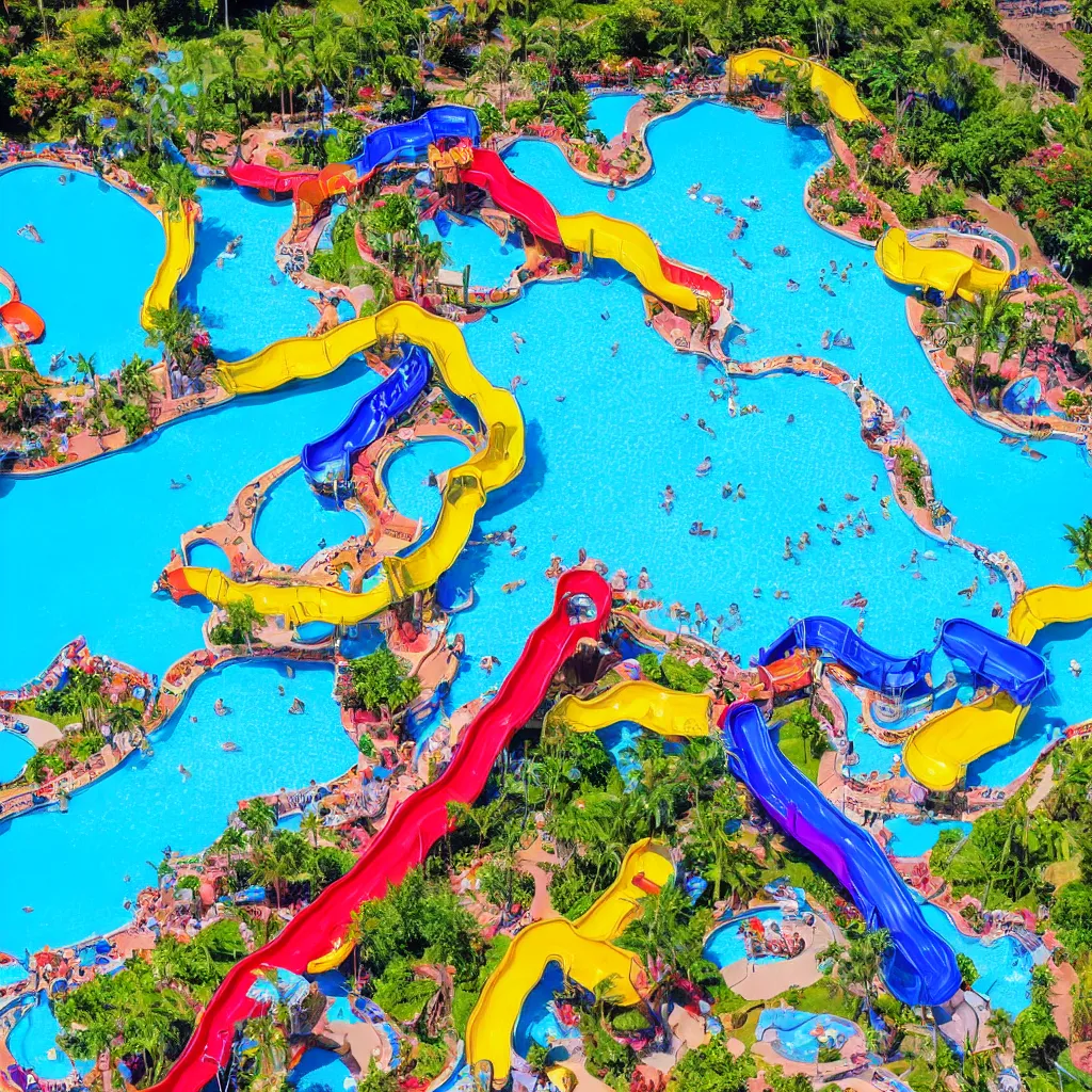 Image similar to colorful water slides with pools of bright blue water, lazy river, birds eye view