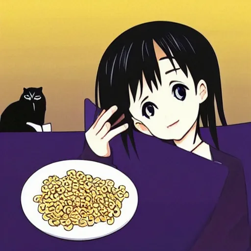 Image similar to “Shinji from Eva eating Cheerios with an emo cat girl”