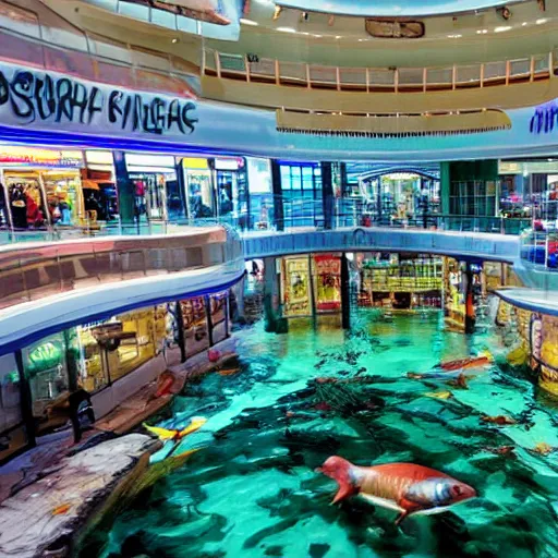 Prompt: photo of inside a shopping mall the inside is flooded with over 2 0 meters depth of water, highly detailed.