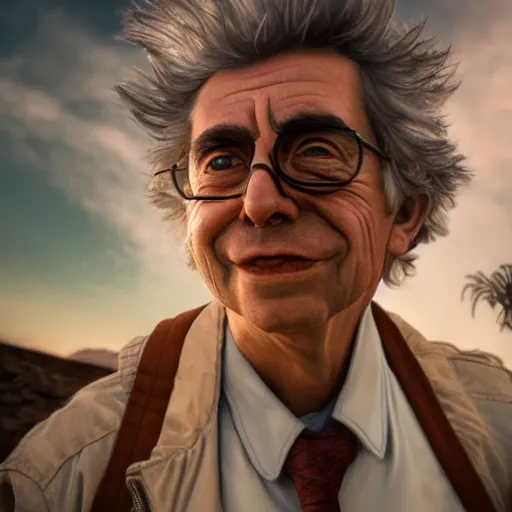 Prompt: portrait of real life rick sanchez. photo realism. dramatic lighting. alien planet background. 4 k