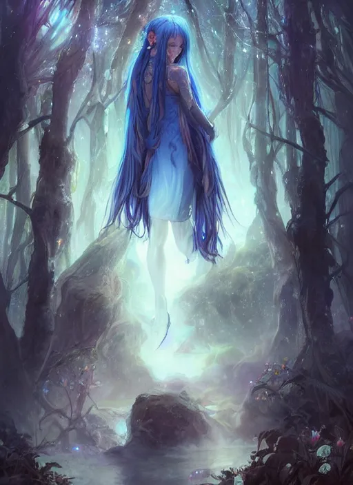 Image similar to stunningly beautiful female blue hair, dj sura face, fantasy art, fae priestess, lush forest landscape, dark light night, sharp focus, digital painting, 8 k, concept art, art by wlop, artgerm, greg rutkowski and alphonse mucha