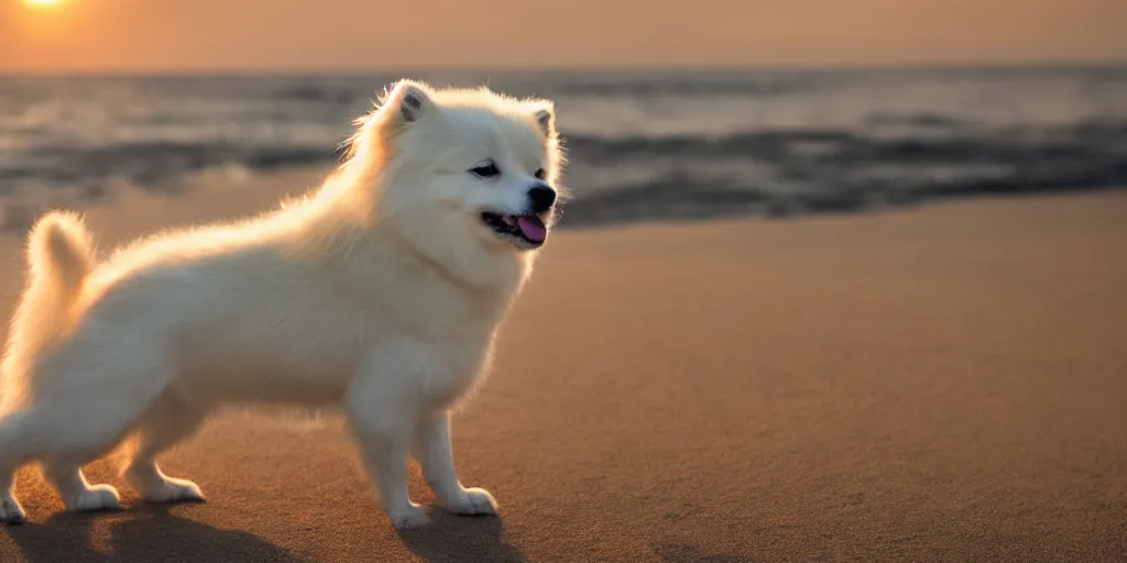 Image similar to a closeup photorealistic photograph of japanese spitz on the beach at sunset. this 4 k hd image is trending on artstation, featured on behance, well - rendered, extra crisp, features intricate detail and the style of unreal engine. golden hour