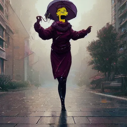 Image similar to highly detailed a woman dancing in the rain revfrom the simpsons, in gta v, stephen bliss, unreal engine, fantasy art by greg rutkowski, loish, rhads, ferdinand knab, makoto shinkai and lois van baarle, ilya kuvshinov, rossdraws, tom bagshaw, global illumination, radiant light, detailed and intricate environment