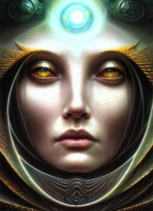 Prompt: closeup portrait shot of a cosmic sorceress in a scenic dystopian environment, intricate, elegant, highly detailed, centered, digital painting, artstation, concept art, smooth, sharp focus, illustration, artgerm, tomasz alen kopera, peter mohrbacher, donato giancola, joseph christian leyendecker, wlop, boris vallejo