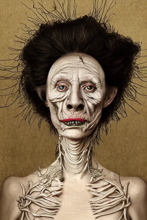 Image similar to Detailed maximalist portrait of a beautiful old woman with large lips and eyes, scared expression, botanical skeletal with extra flesh, HD mixed media, 3D collage, highly detailed and intricate, surreal illustration in the style of Caravaggio, dark art, baroque, centred in image