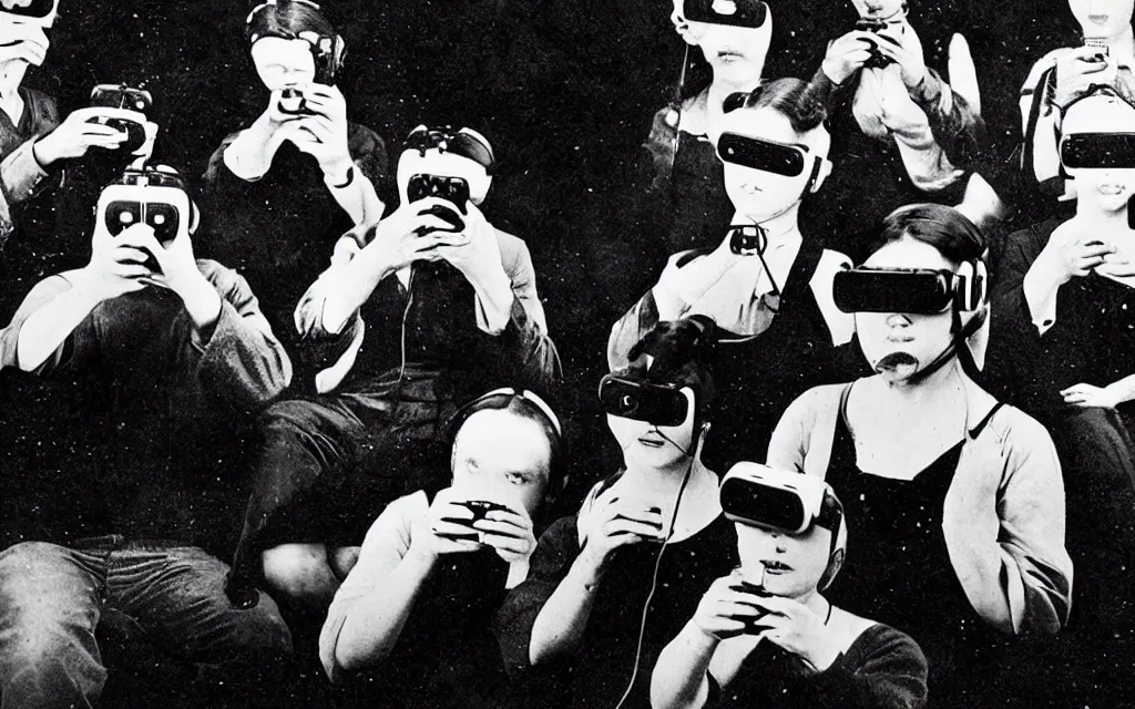 Image similar to 1 9 0 0 s photo of people using iphones ipods virtual reality headsets vr in a movie theater double exposure masterpiece