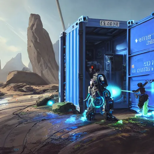 Image similar to electric vehicle plugged into a sci - fi container from apex legends, daytime, a sense of hope and optimism, hyper realistic, high res, 4 k, warm light, edouard groult, kirill leonov, isaac zuren