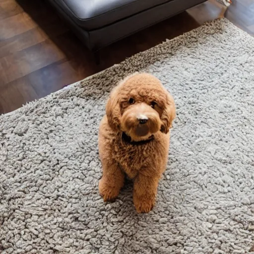 Image similar to a rug made out of a goldendoodle inside of a modern home, 8k, extremely detailed, interior design photography