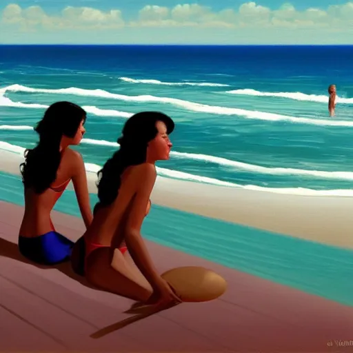 Image similar to women at the beach by jack vettriano, bikini, unreal engine, artistic.