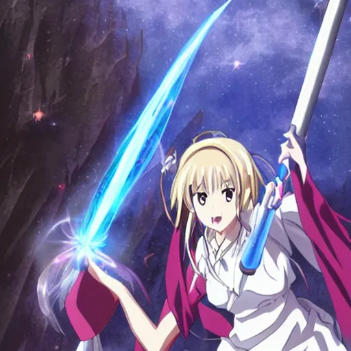 Image similar to a female fantasy wizard anime character with staff emitting magical energies in one hand by hiromu arakawa