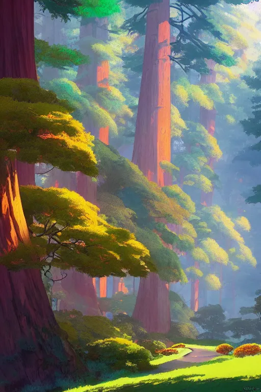 Prompt: Sequoia Park in a colorful moutain with beautiful trees ,morning , by studio ghibli painting, superior quality, masterpiece, traditional Japanese colors, by Grzegorz Rutkowski, concept art