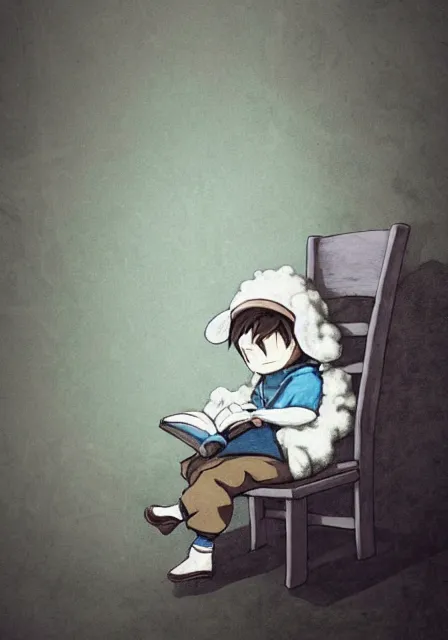 Prompt: beautiful little boy wearing sheep suit reading a book while sitting on chair, gray, blue, green and brown pallet color. made in abyss art style, inspired in kris from deltarrune, cute detailed artwork, anatomically correct, soft details, ilya kuvshinov, reflection, perfect composition, mobile wallpaper, illumination