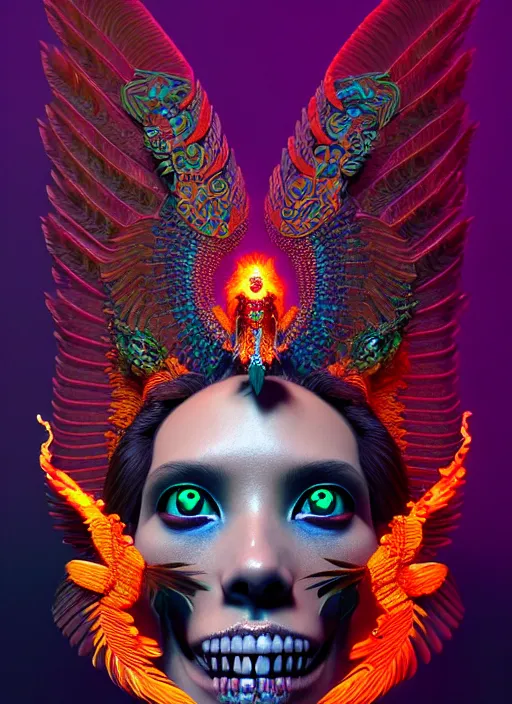 Image similar to 3 d goddess portrait, 8 k micro details global illumiantion beautiful intricate highly detailed quetzalcoatl skull and feathers. bioluminescent, fire, snow, water, wind, creature, thunderstorm! artwork by tooth wu and wlop and beeple and greg rutkowski, trending on artstation,