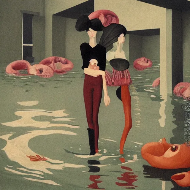 Image similar to tall female emo vegan socialist artist in their flooded apartment, painting of flood waters inside an artist's home, a river flooding indoors, pomegranates, pigs, ikebana, zen, water, octopus, river, rapids, waterfall, black swans, canoe, berries, acrylic on canvas, surrealist, by magritte and monet