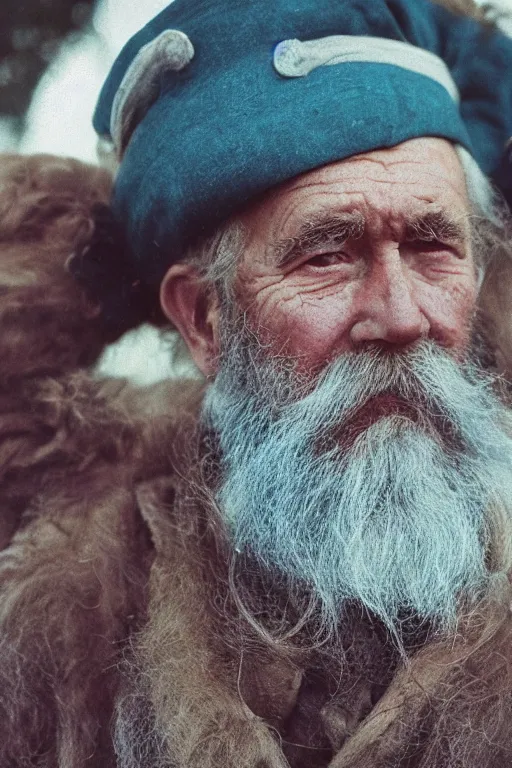 Image similar to a cinestill photograph of a grizzled old sea captain, cinestill film