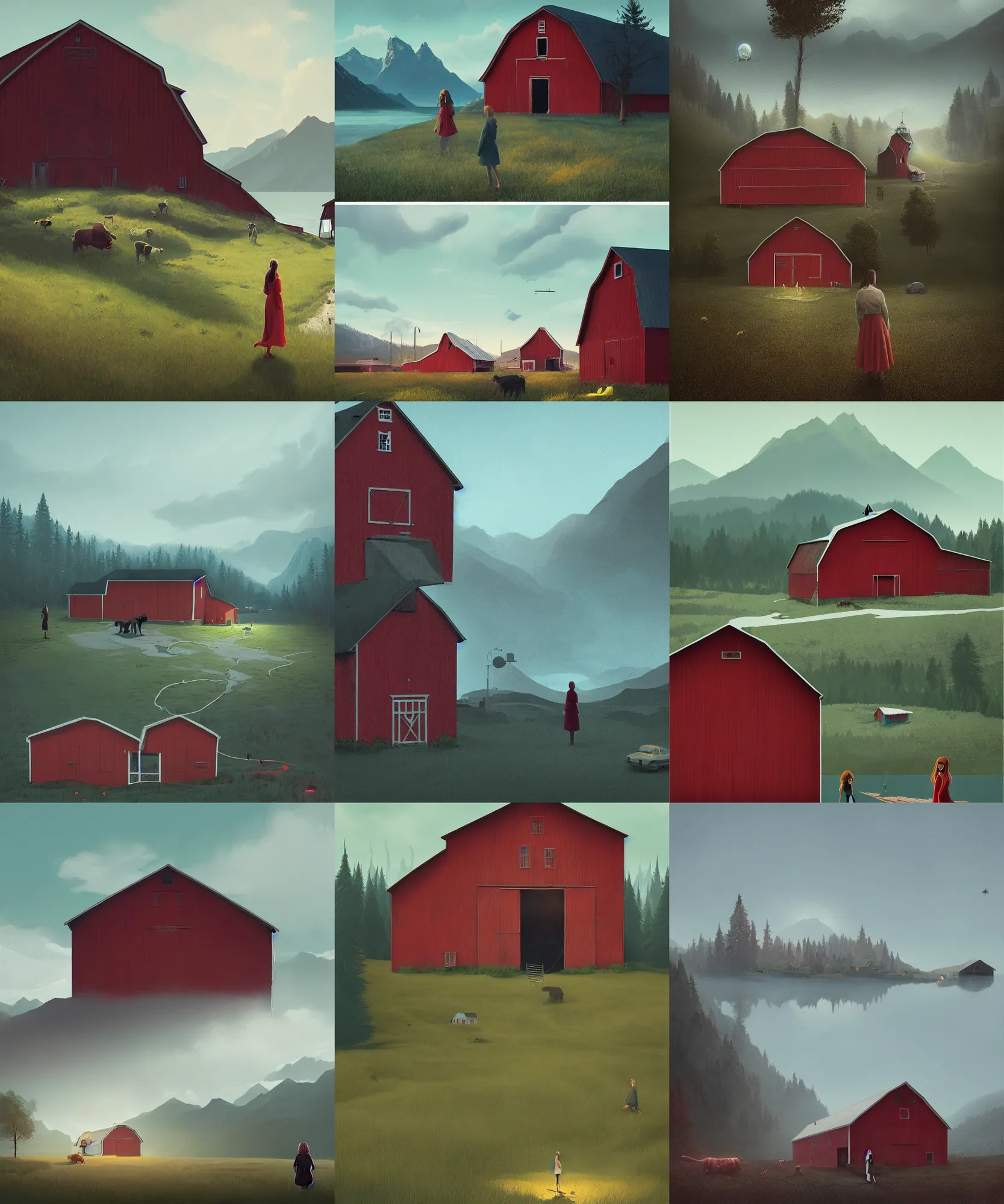 Prompt: simon stalenhag. composition : long shot. style : digital art ; concept ; mysterious ; 4 k. scenery : a sunny fjord with a lone gabled roof red barn. subject : a young woman with long black hair wearing a white dress. action : the woman is inside the barn.