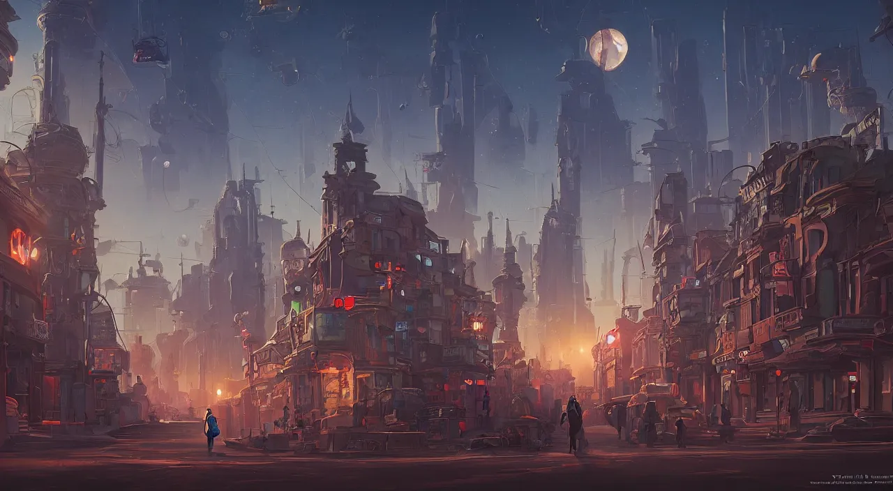 Image similar to a street level painting towards the horizon with high detail, sci - fi colorful victorian city with a victorian astronaut in the foreground at sunrise with sharp shadows by tyler edlin and sparth, wide angle lens, 4 k, vray, art nouveau influences. roger deakins, cinematic cinematography.