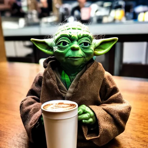 Prompt: yoda from star wars sitting comfortably in a starbucks drinking a latte in the evening. color photo, 8 5 mm high depth of field, warm color palette.