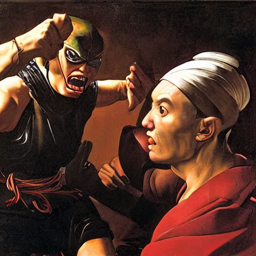 Image similar to woman bewildered by a mortal kombat warrior, by caravaggio