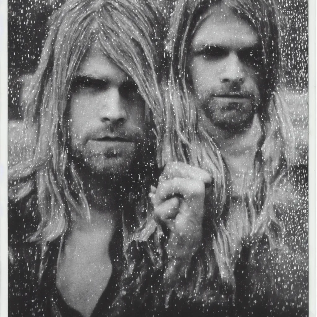 Prompt: a polaroid of ( kurt cobain ) in seattle, raining! nighttime