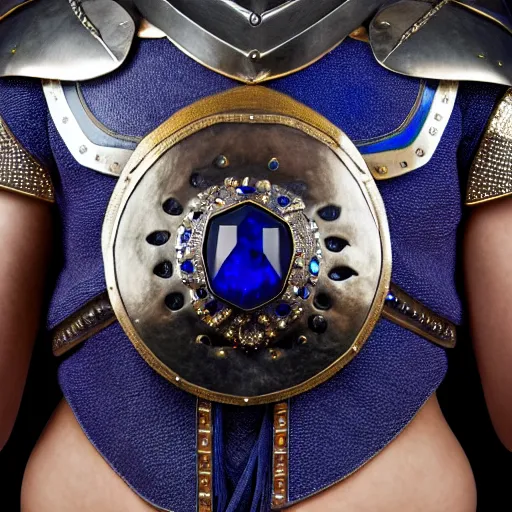 Prompt: photo of a real-life beautiful warrior with sapphire encrusted armour, highly detailed, 4k