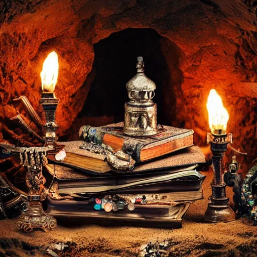 Image similar to epic vintage Photo of an ancient dark byzantine cave interior, ornate oil lamp on a pile of crystals, books covered in jewels, ornate, surrounded by strange crystals and treasure, full of sand and glitter, Indiana Jones, Tomb Raider, trending on artstation, cinematic, jewels, 35mm lens